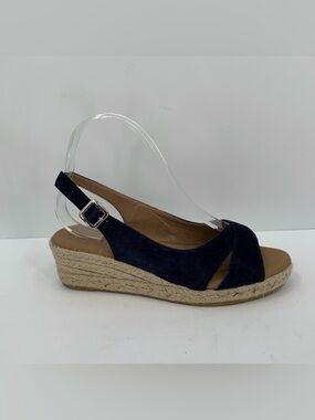 Heyraud slingback espadrille sandal navy blue suede wedge jute platform 37 6